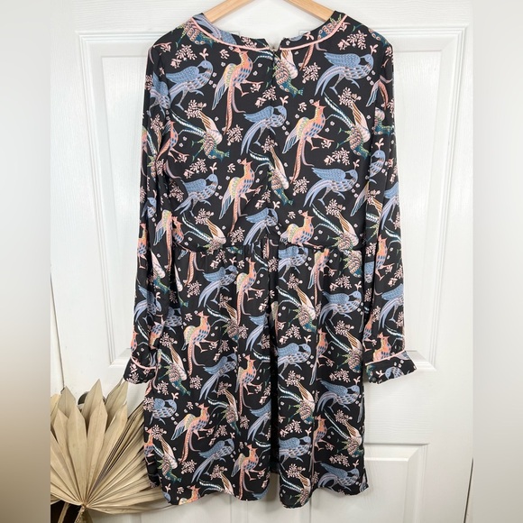 Loft Women's Size 8 Black Bird Print Long Sleeve Knee Length Dress - Picture 2 of 14